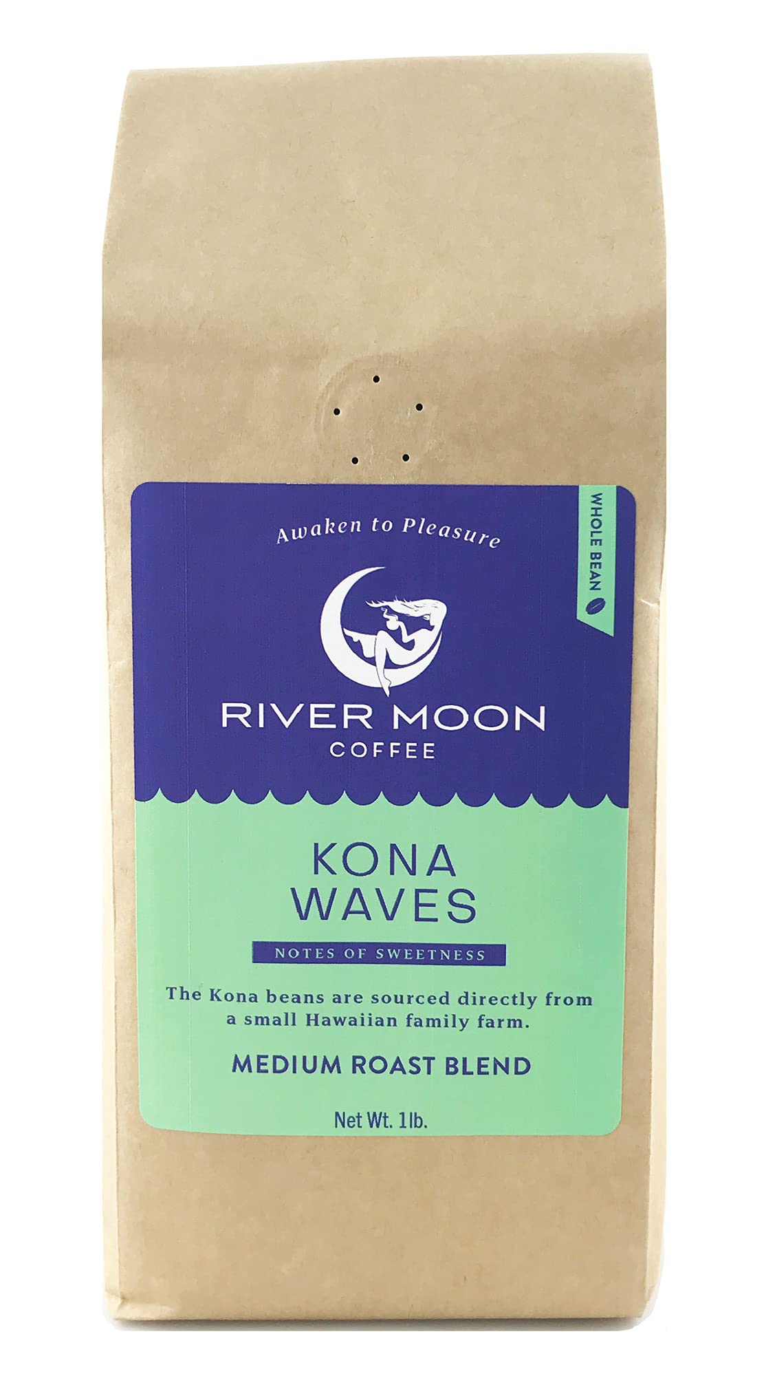 River Moon Kona Waves beans close-up, inviting aroma for a smooth morning brew.