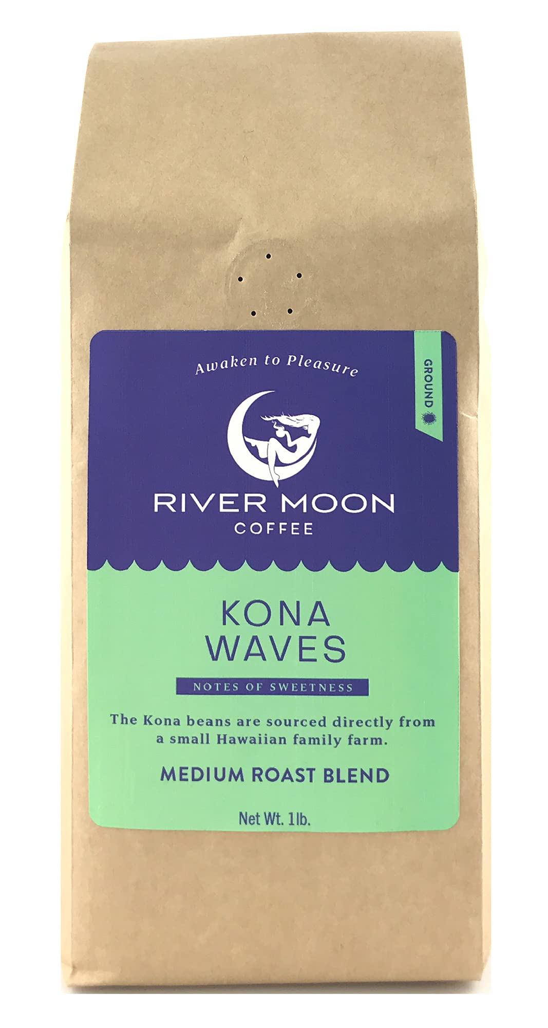 River Moon Kona Waves packaging front, premium Hawaiian blend for a refined morning routine.