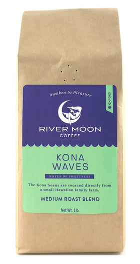 River Moon Kona Waves packaging front, premium Hawaiian blend for a refined morning routine.