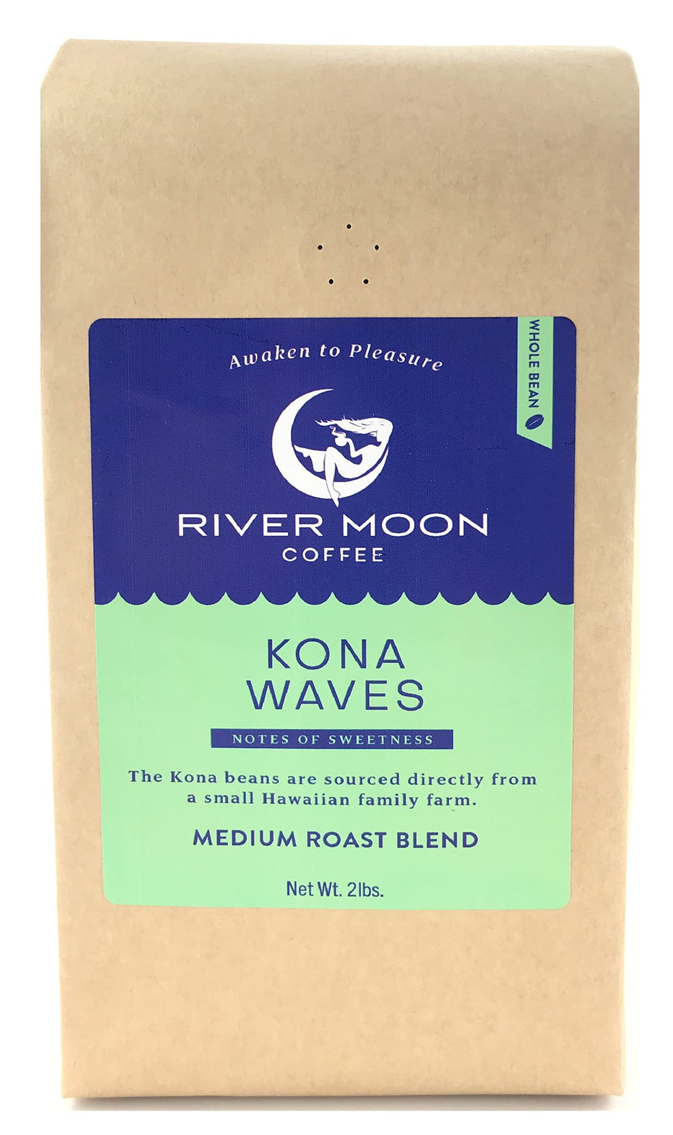 River Moon Kona Waves whole bean ready for a smooth morning brew