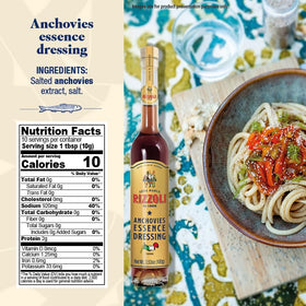 Rizzoli Anchovy Extract bottle pour showing a versatile finishing sauce for pasta and vegetables.