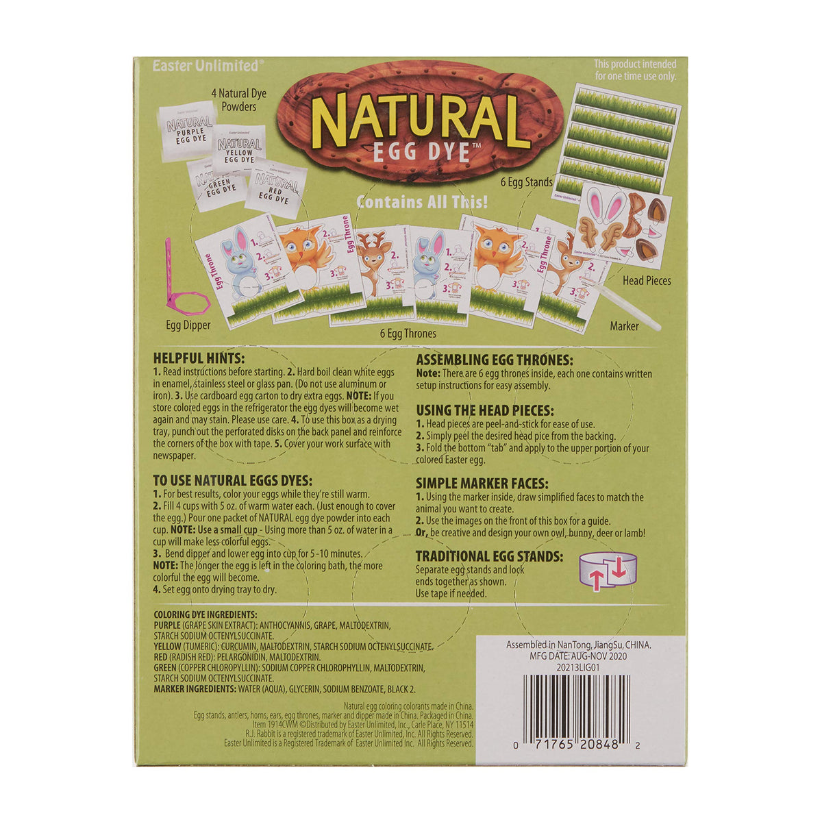 R.J. Rabbit Natural Easter Dye Kit contents, 14-piece set for easy egg decorating at home