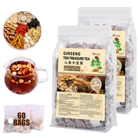 Rlvym Ginseng Ten Treasures Tea pack front promotes daily kidney wellness.