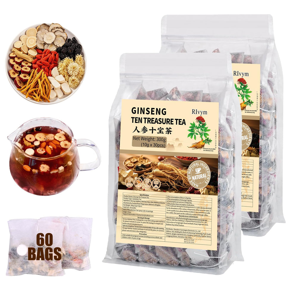 Rlvym Ginseng Ten Treasures Tea pack front promotes daily kidney wellness.