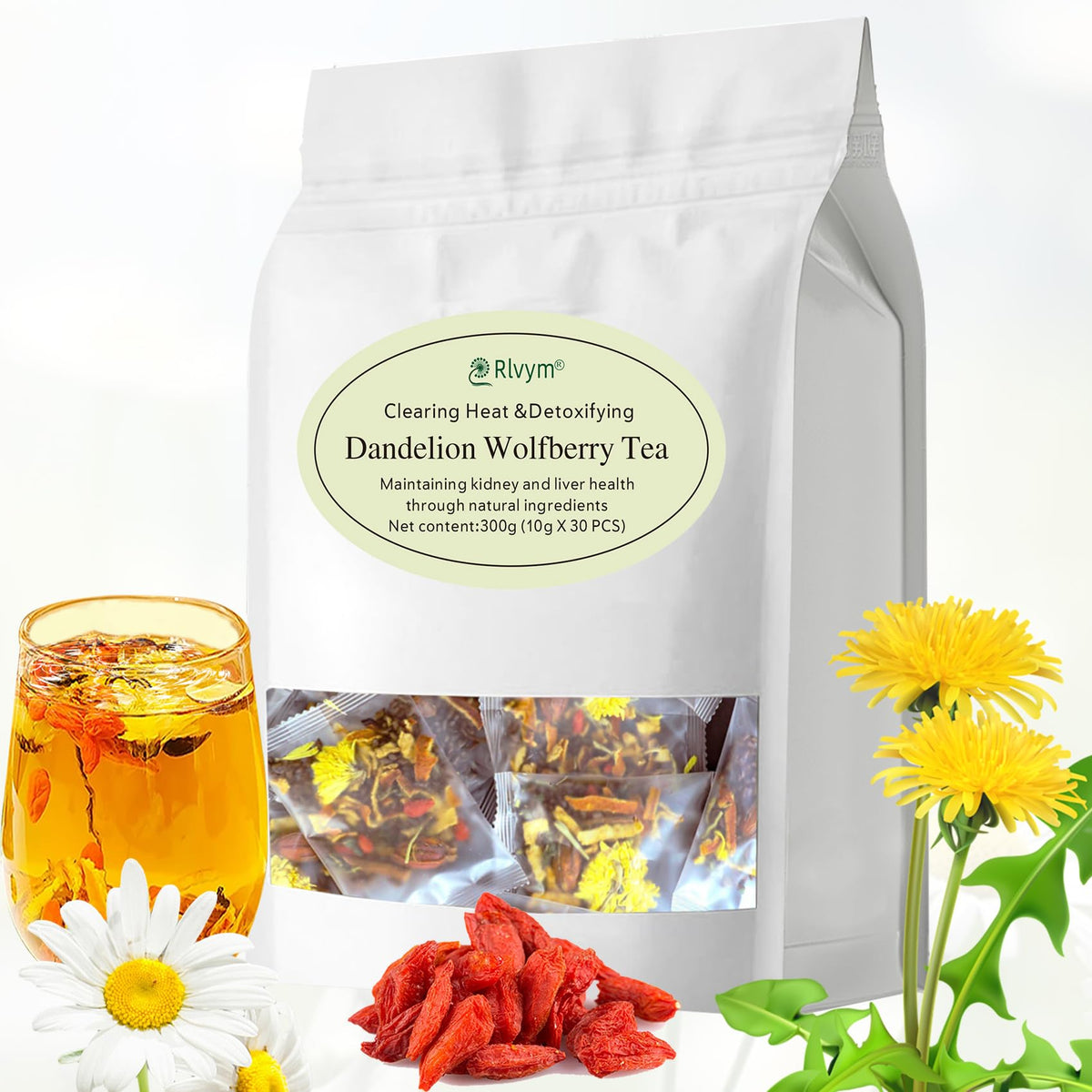 Rlvym dandelion wolfberry tea packets arranged for calming detox ritual