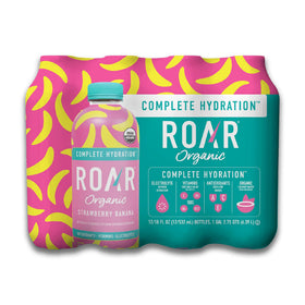 ROAR Complete Hydration bottle front showing strawberry banana flavor for on-the-go hydration