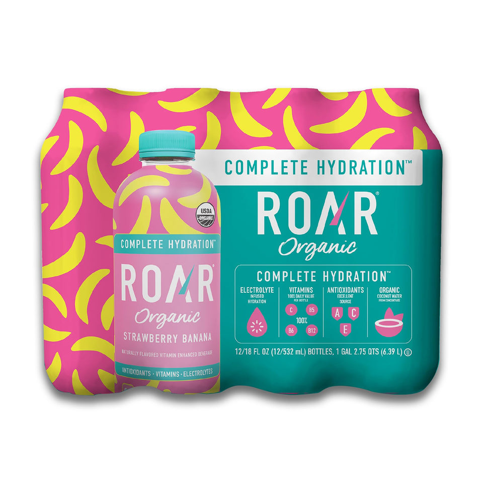 ROAR Complete Hydration bottle front showing strawberry banana flavor for on-the-go hydration