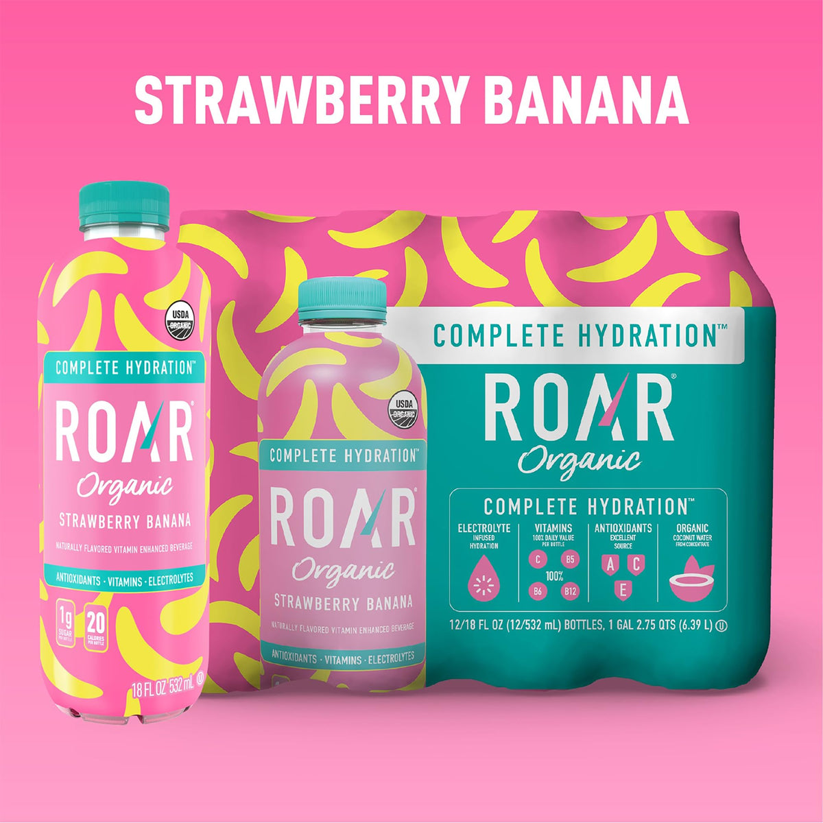 ROAR Complete Hydration bottle side view highlighting portable electrolyte boost