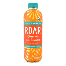 ROAR Complete Hydration Cucumber Watermelon bottle suggests refreshing, low-sugar hydration for workouts.
