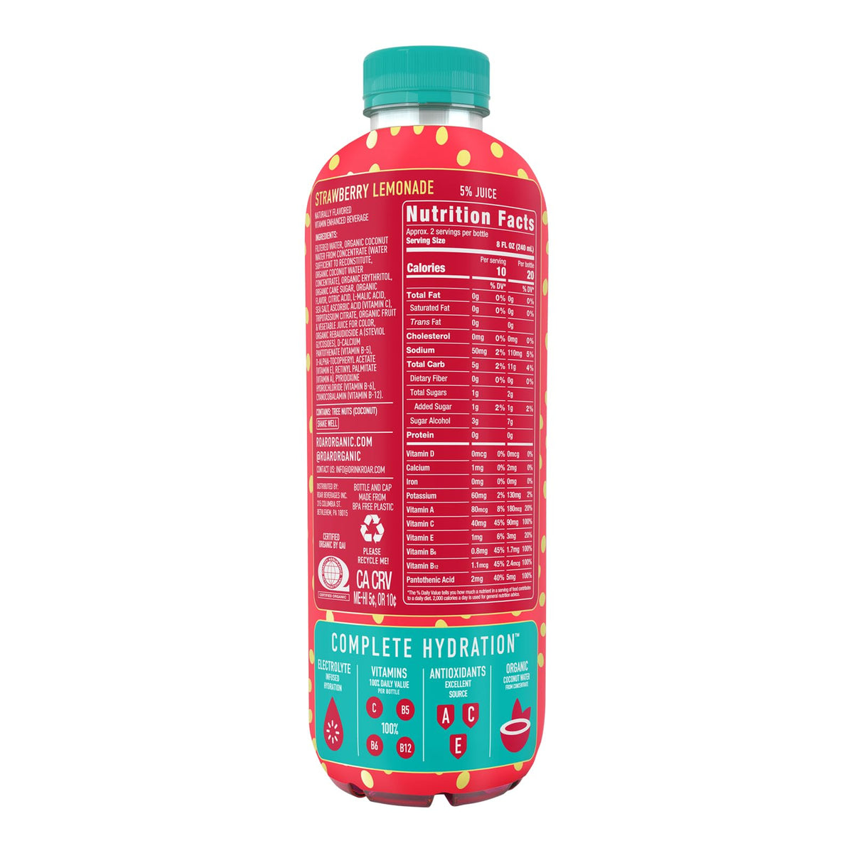 ROAR Complete Hydration Georgia Peach bottle emphasizes vitamin A and C support.