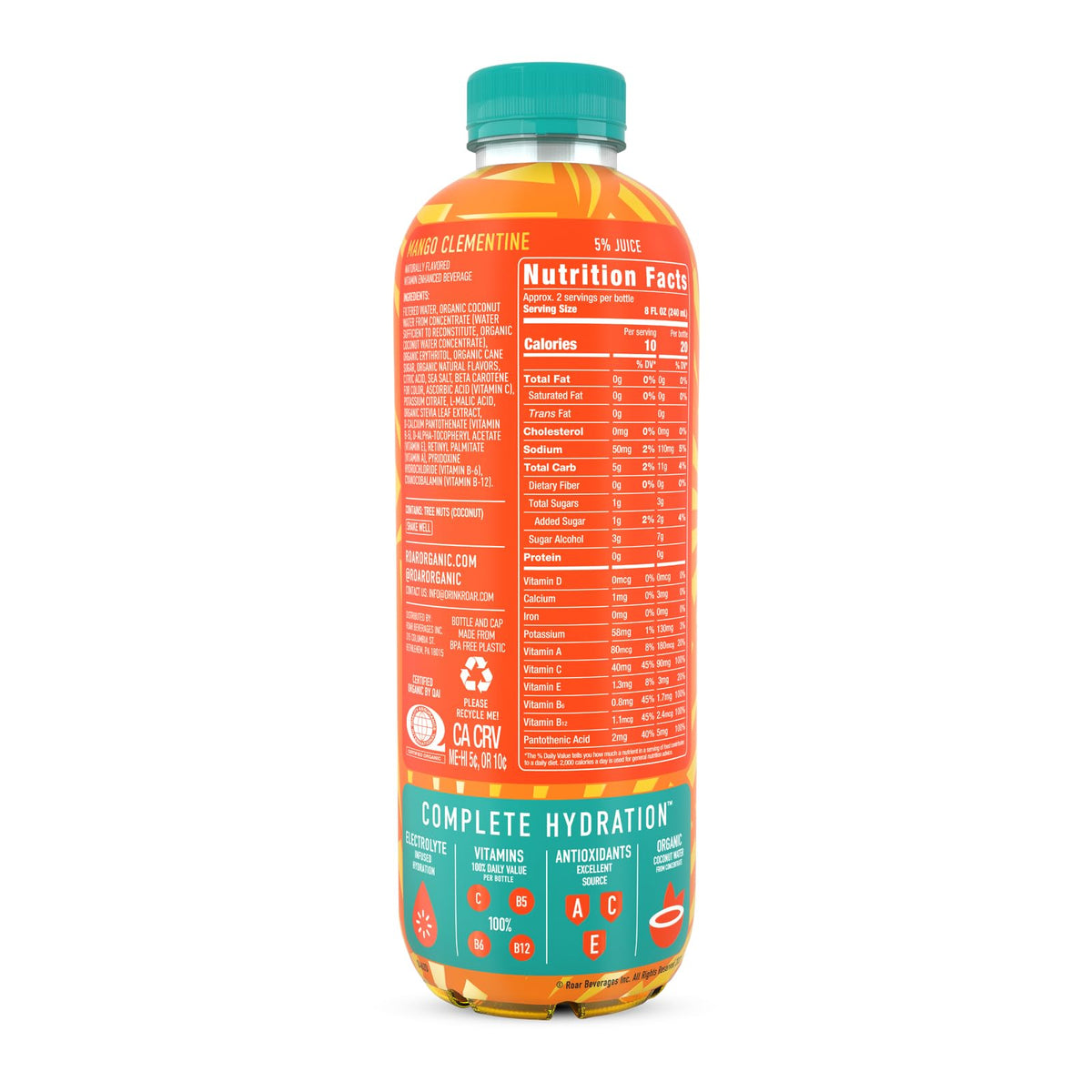 ROAR Complete Hydration Organic Coconut Water bottle shows natural electrolytes and sea salt support.
