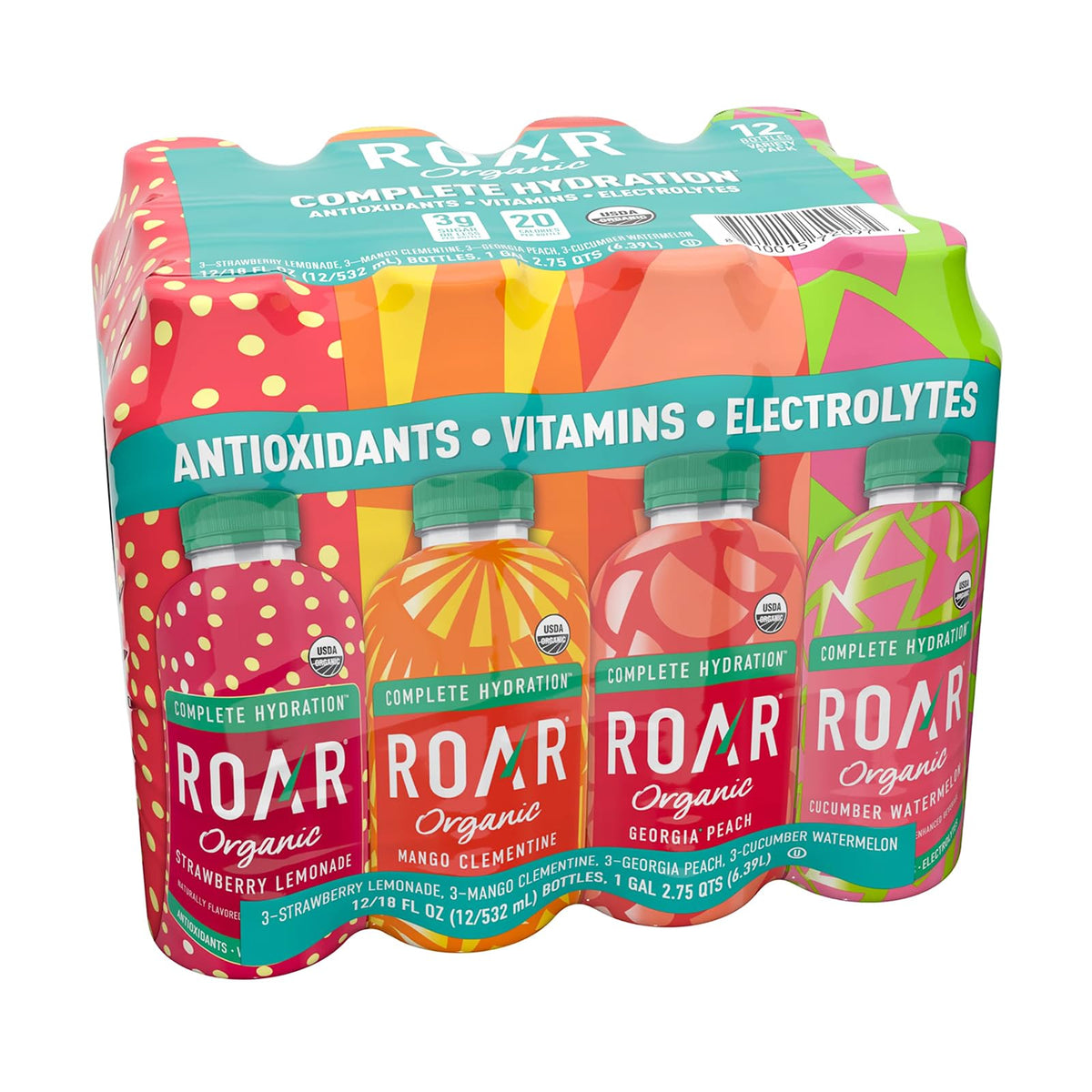 ROAR Complete Hydration Strawberry Lemonade bottle highlights vitamin C for everyday refreshment.