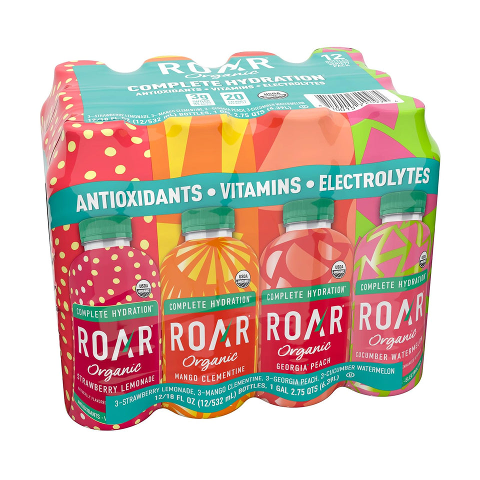 ROAR Complete Hydration Strawberry Lemonade bottle highlights vitamin C for everyday refreshment.