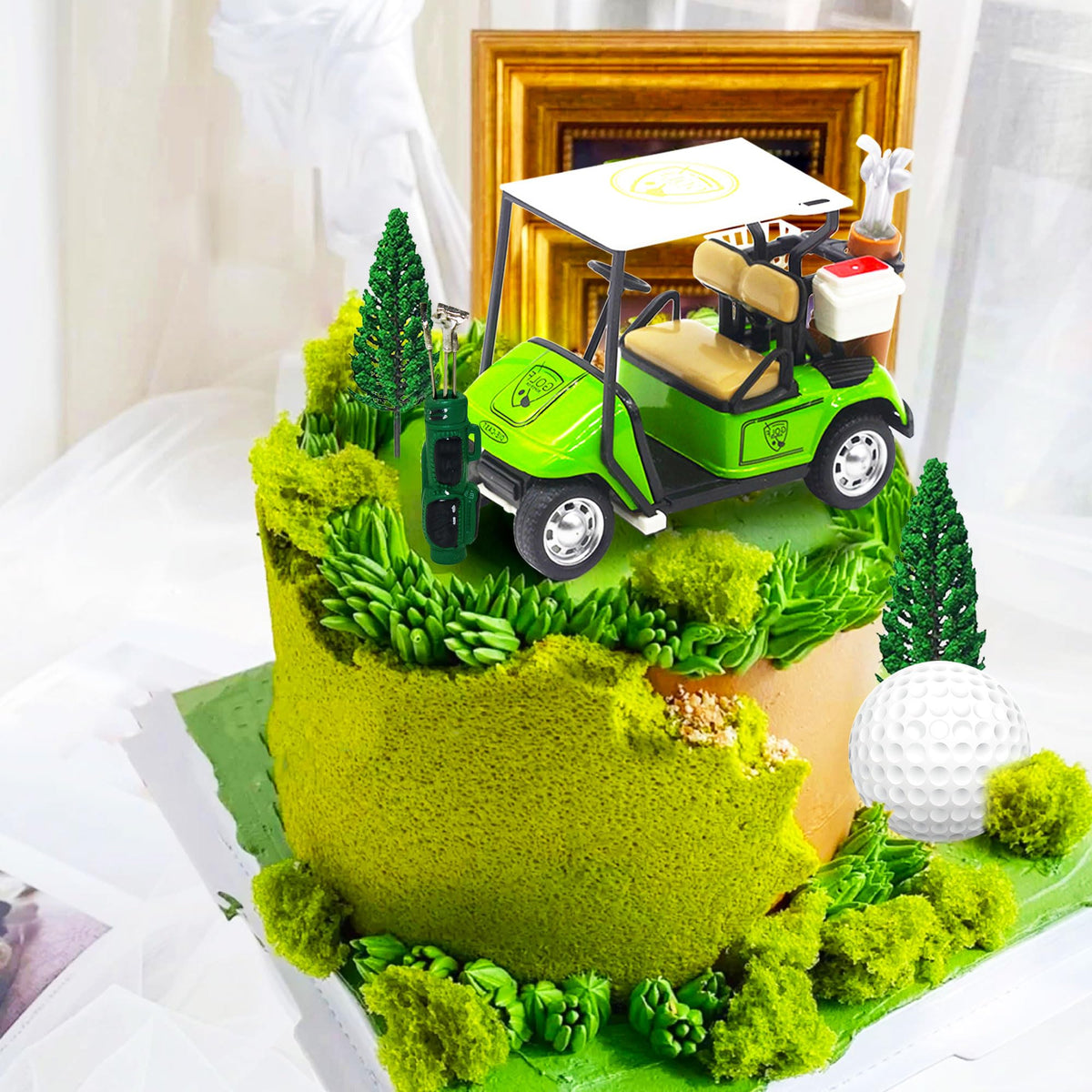 Roaring Good Time mini golf cart cake topper adds playful motion to the dessert