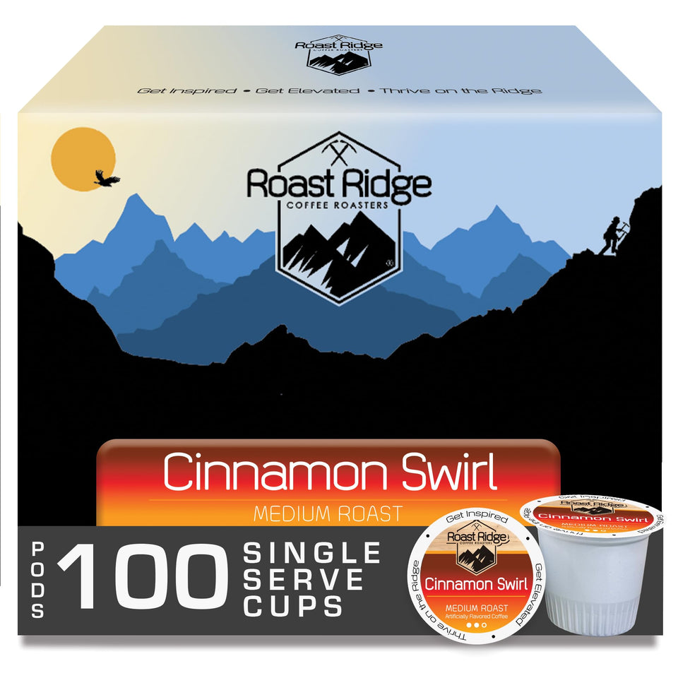 Roast Ridge Cinnamon Swirl pods in a box front, convenient single-serve option
