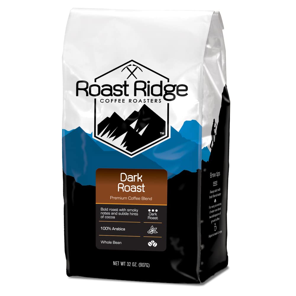 Roast Ridge Dark Roast coffee bag emits rich aroma for bold home brewing.