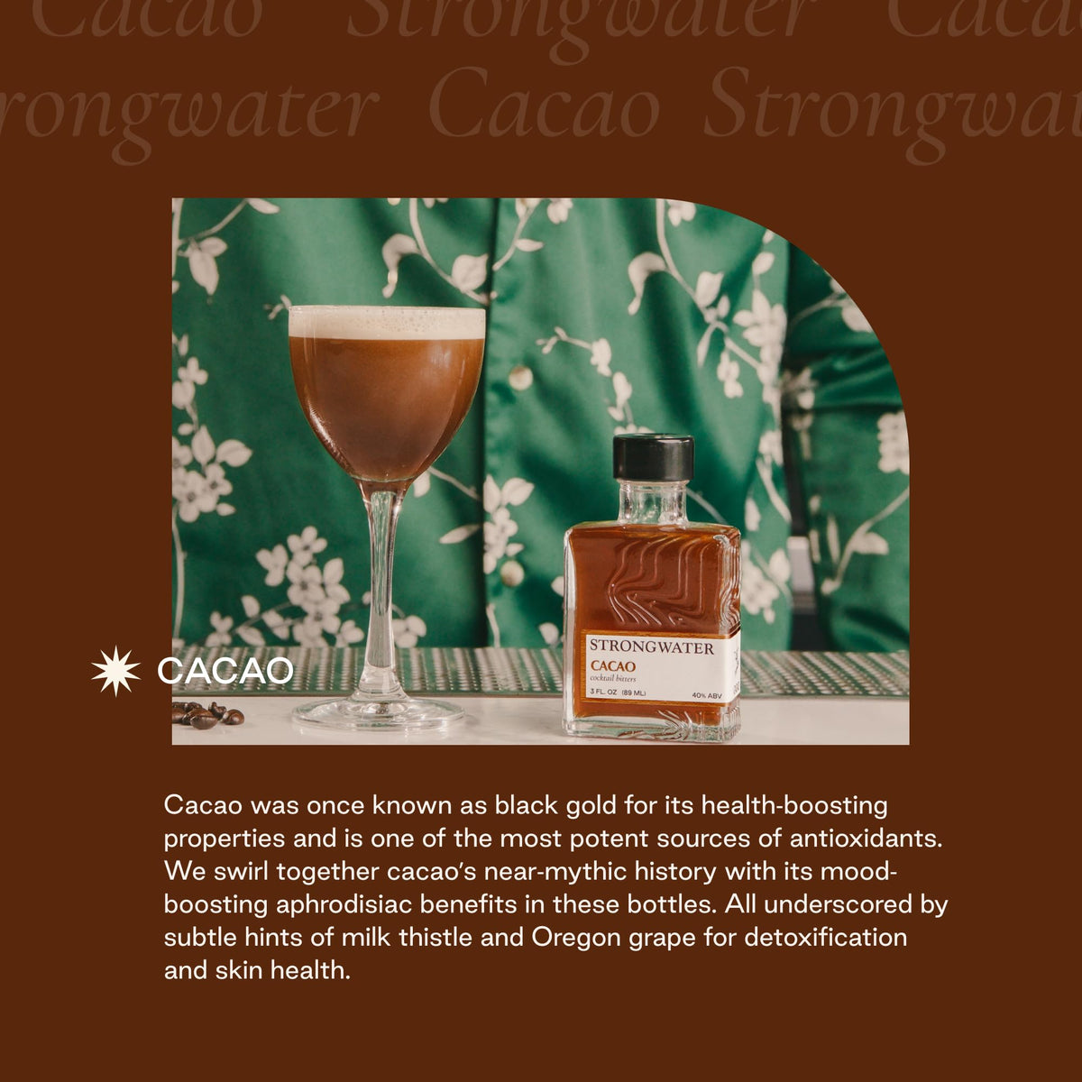 Roasted cacao nibs highlight flavor in Strongwater Cacao Bitters.