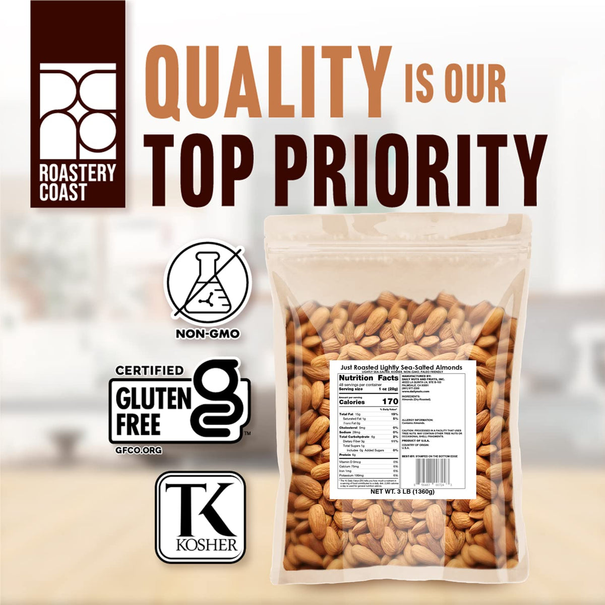 Roastery Coast almonds crunch close-up highlights a satisfying texture for quick cravings