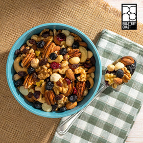 Roastery Coast almonds and macadamias closeup with crunchy textures for snacking.