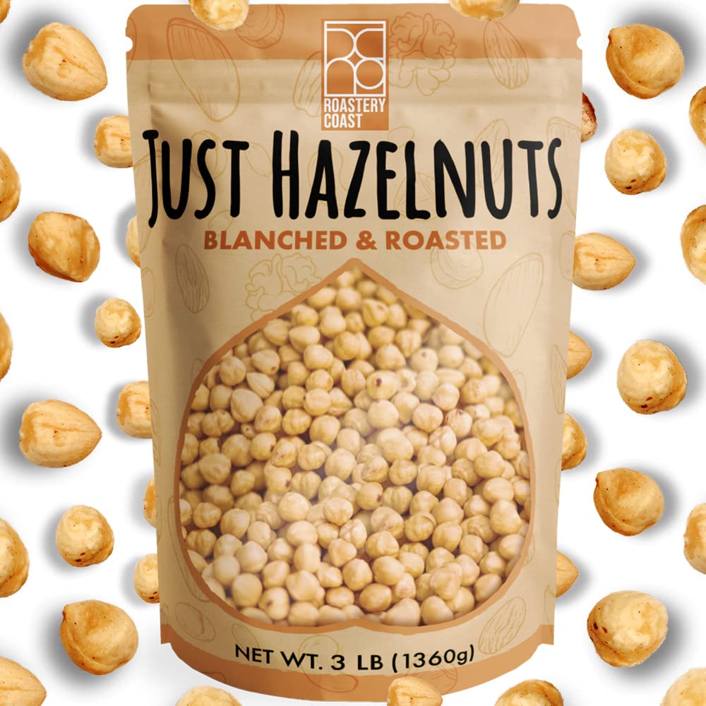 Roastery Coast dry roasted hazelnuts in a 3 lb pack for pantry storage.