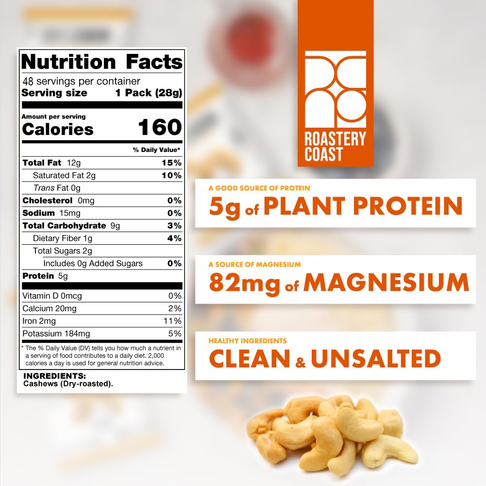Roastery Coast Just Cashews Unsalted, closeup of nuts showing premium quality