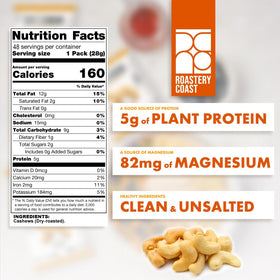 Roastery Coast Just Cashews Unsalted, closeup of nuts showing premium quality