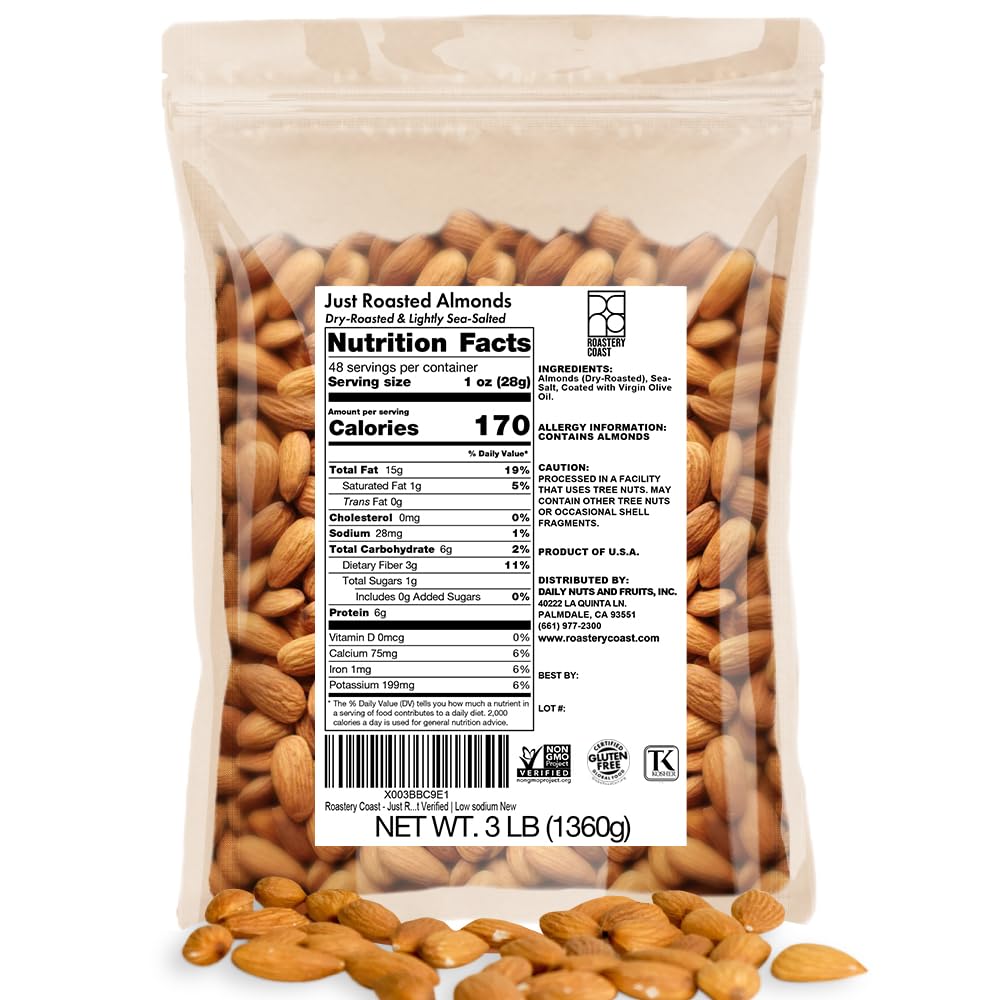 Roastery Coast Just Roasted Almonds 3lb bulk pack for convenient everyday snacking