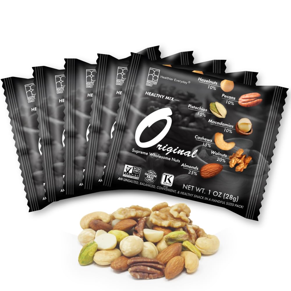 Roastery Coast mixed nuts variety pack front view for on-the-go snacking.