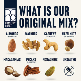 Roastery Coast variety pack cover shot highlights premium almond, walnut, and cashew blend.