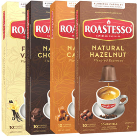 Roastesso variety pack capsules show four flavors for a diverse home espresso experience.