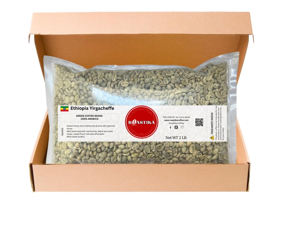 Roastika Ethiopia Yirgacheffe green beans closeup for home roasting aroma