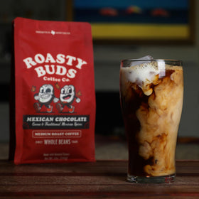 Resealable Roasty Buds bag shown, emphasizing freshness and convenience.
