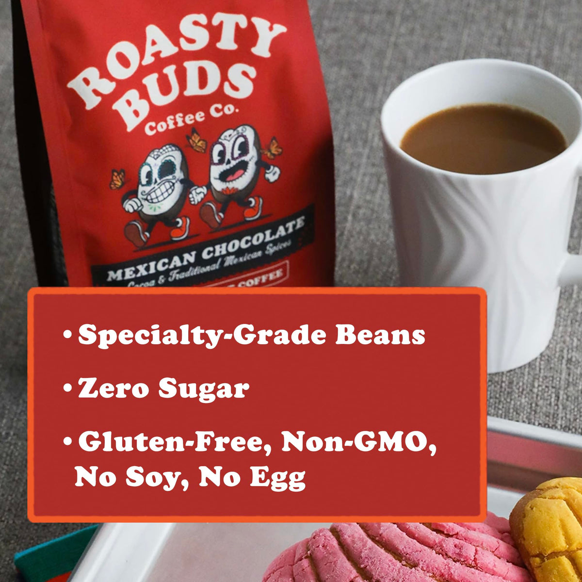 Steaming cup of Roasty Buds Mexican Chocolate highlighting rich aroma and notes.