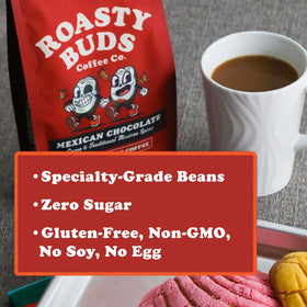 Steaming cup of Roasty Buds Mexican Chocolate highlighting rich aroma and notes.