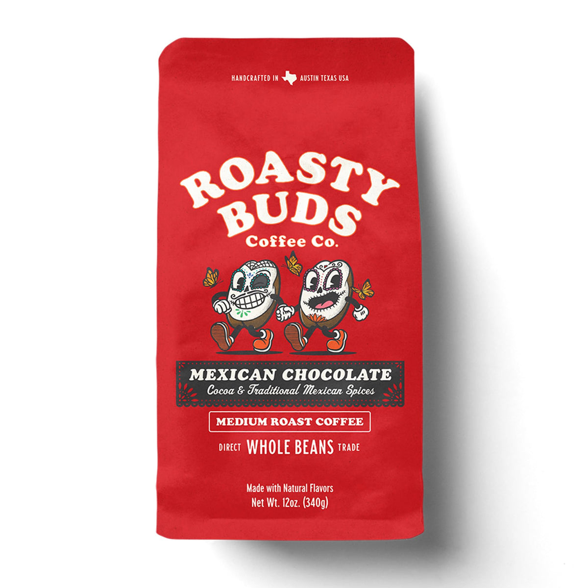 Roasty Buds Mexican Chocolate Whole Bean bag sealed to lock in freshness.