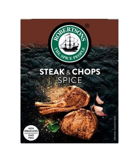 Robertsons Spice Steak and Chops Refill Box 160g ready for braai and grill prep.