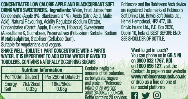 Robinsons Apple Blackcurrant 1L bottle side, compact family-size bottle fits fridge shelves