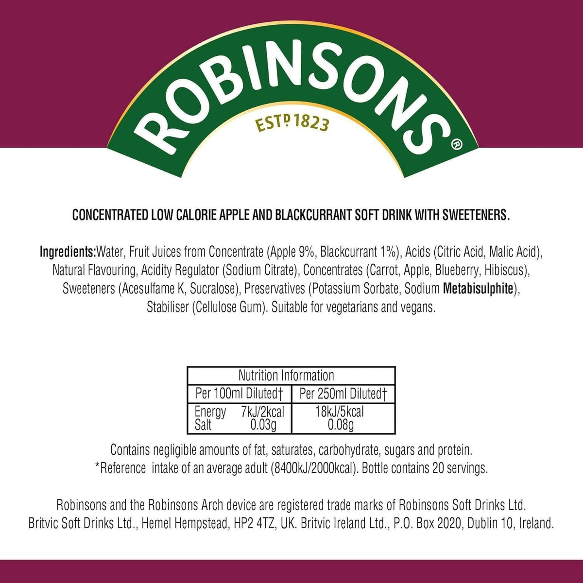 Robinsons Apple Blackcurrant 1L ingredients, highlights real fruit juices in a convenient package
