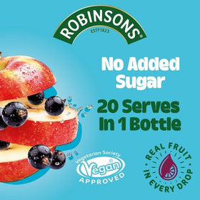 Robinsons Apple & Blackcurrant No Sugar Added 1L glass with ice suggests refreshing sip.