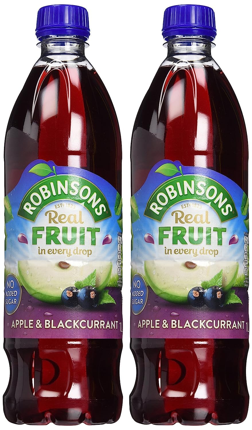 Robinsons Apple & Blackcurrant No Sugar Added 1L pack back-label with ingredients and serving ideas.