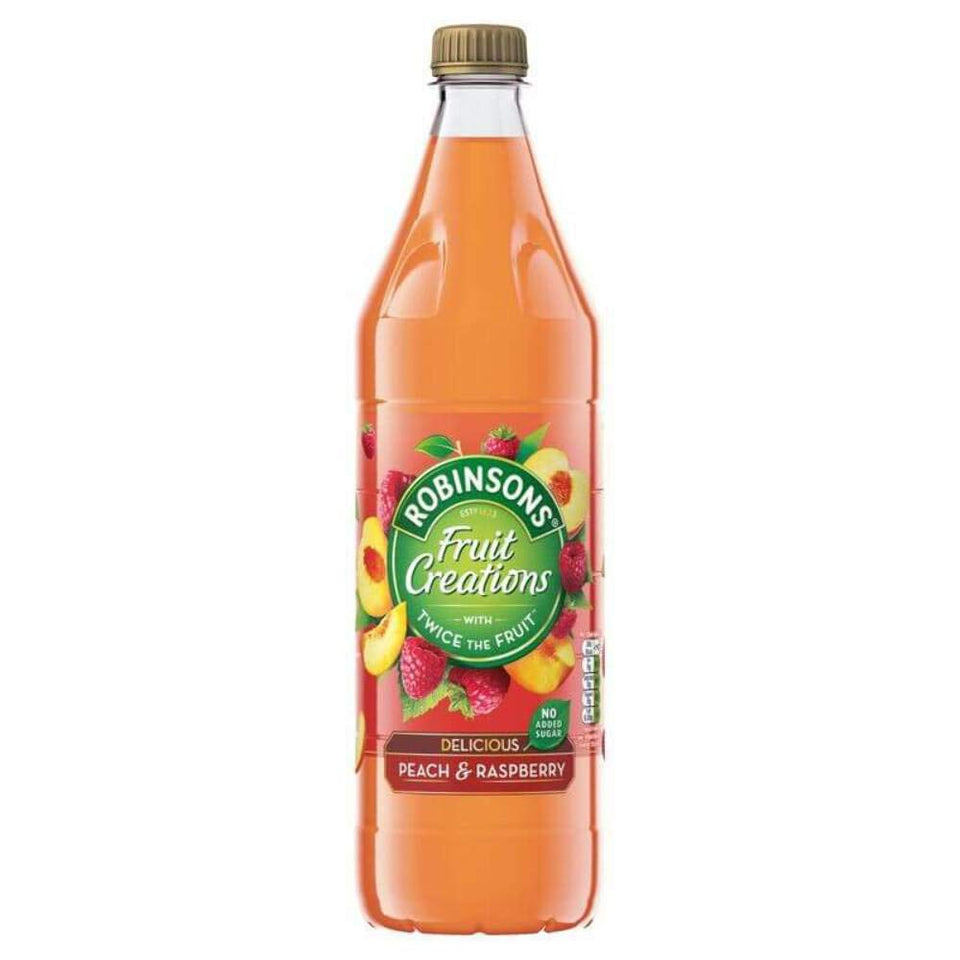 Robinsons Fruit Creations Peach & Raspberry squash bottle for low-calorie, naturally flavored hydration.