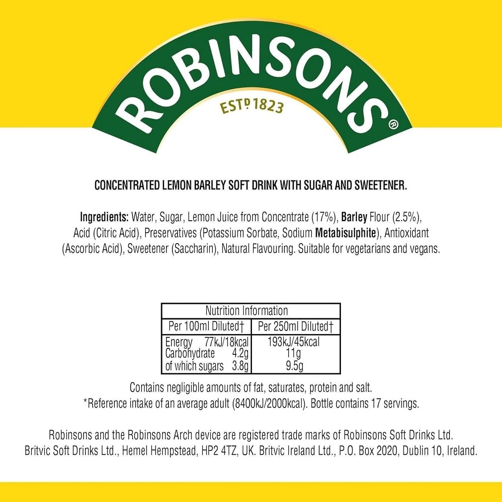 Robinsons Lemon Barley Water 850ml bottle with vibrant label
