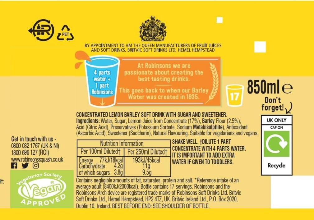 Robinsons Lemon Barley Water pour into glass emphasizing crisp, hydrating texture