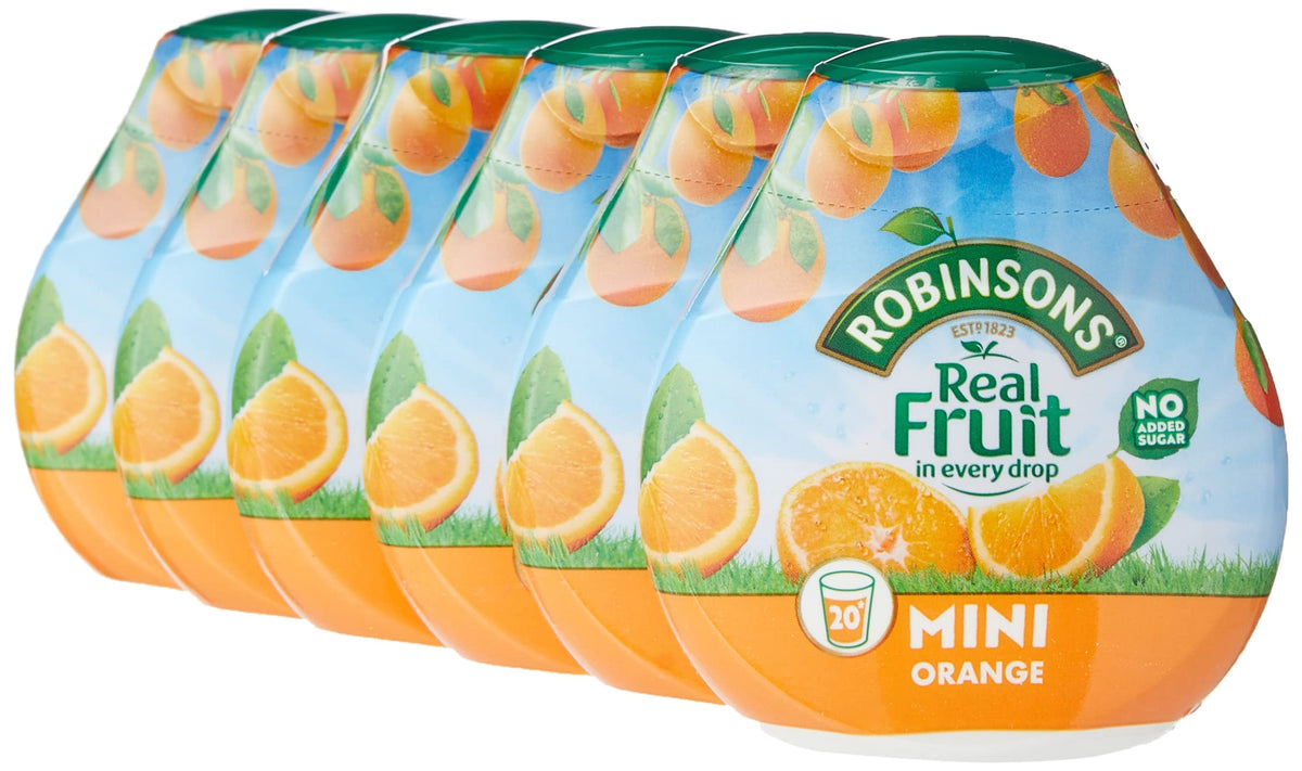 Robinsons Mini orange bottle closeup emphasizes no added sugar for light sipping.