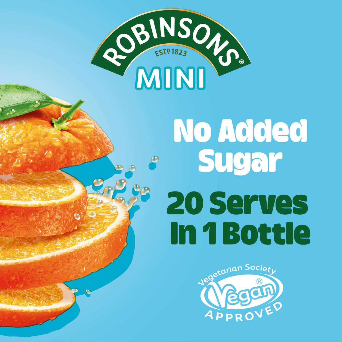 Robinsons Mini orange pack front showcases convenient 6-pack for home or travel.