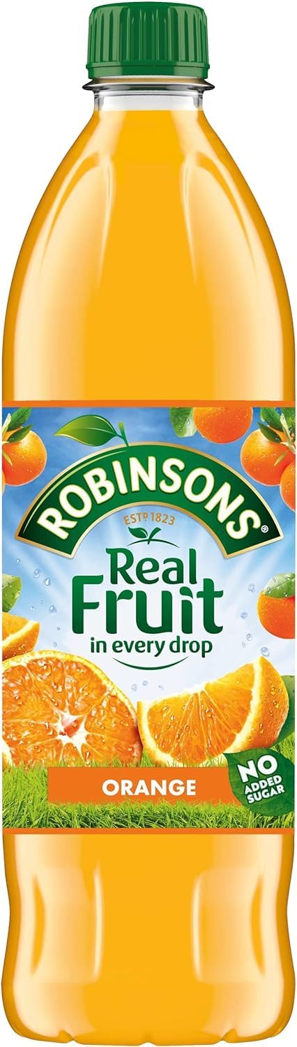 Robinsons orange squash label highlighting no added sugar.