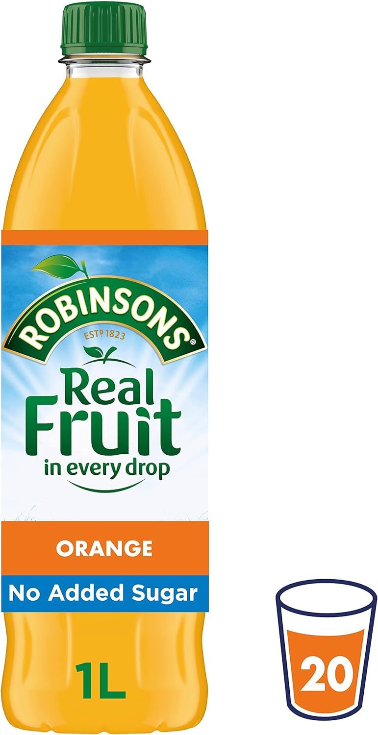 Robinsons orange squash being poured into a glass for real fruit flavor.