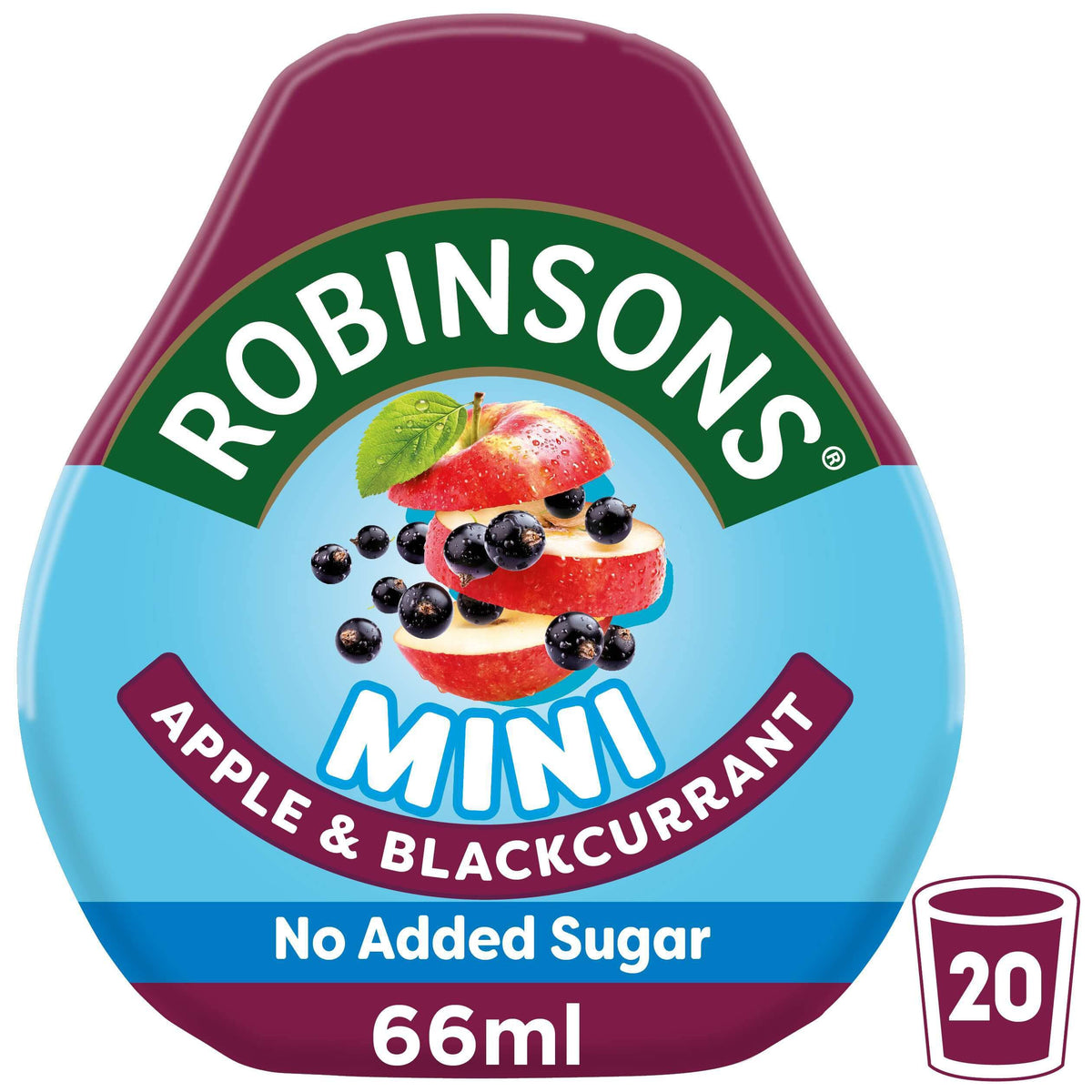 Robinsons Squash'D Apple and Blackcurrant label close-up shows no added sugar