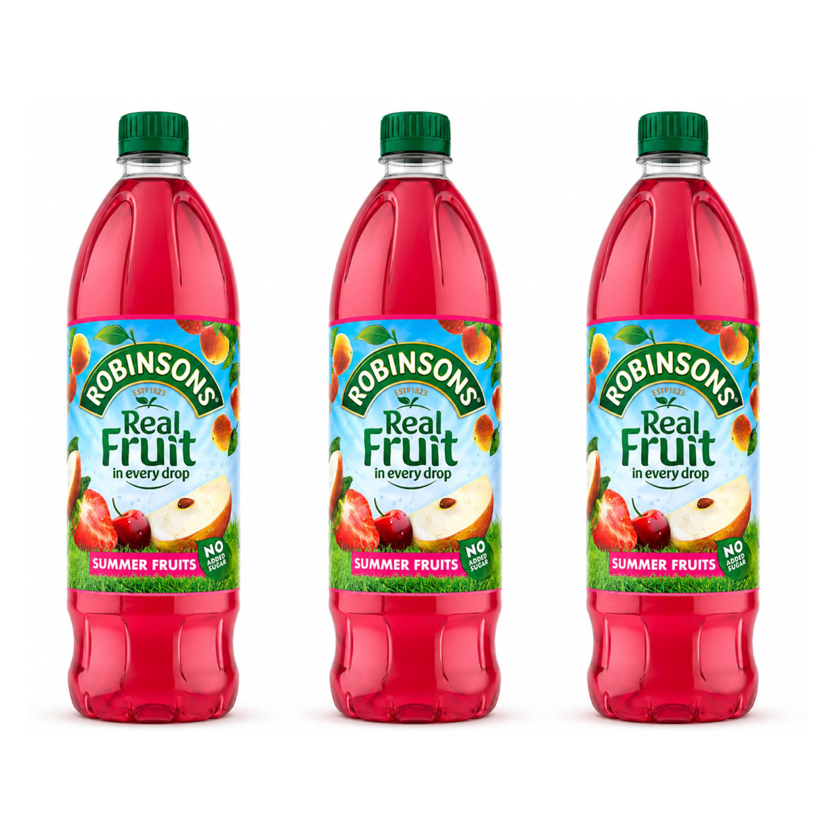 Robinsons Summer Fruits 3-pack bottle front for refreshing, sugar-free family hydration.