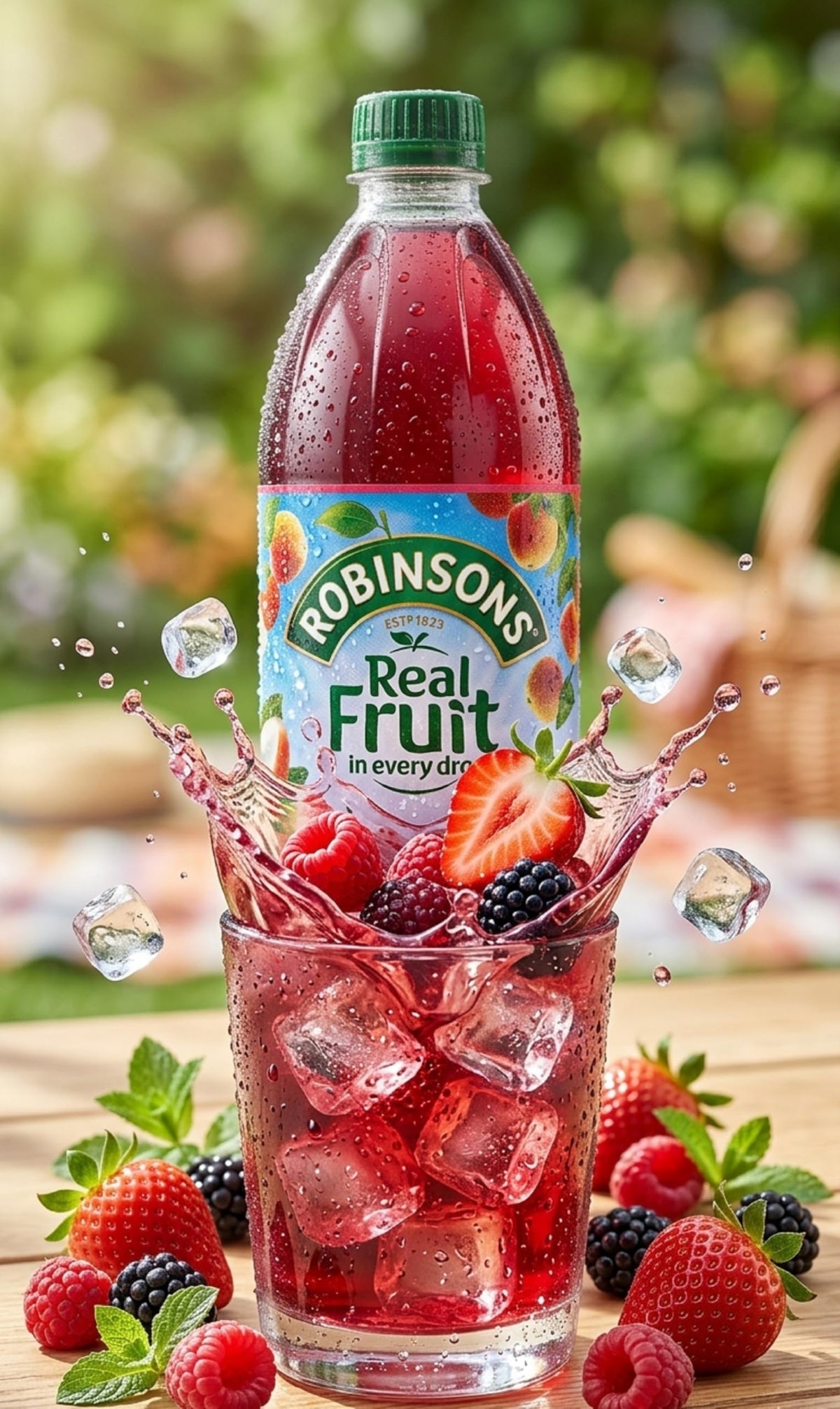 Robinsons Summer Fruits bottle back-label highlighting vitamins and no added sugar.